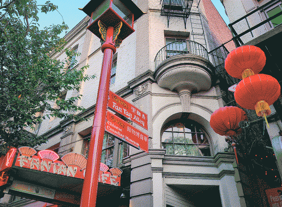 dithered photo of the sign and chinese lanterns at the entrance to Fan Tan Alley in Victoria