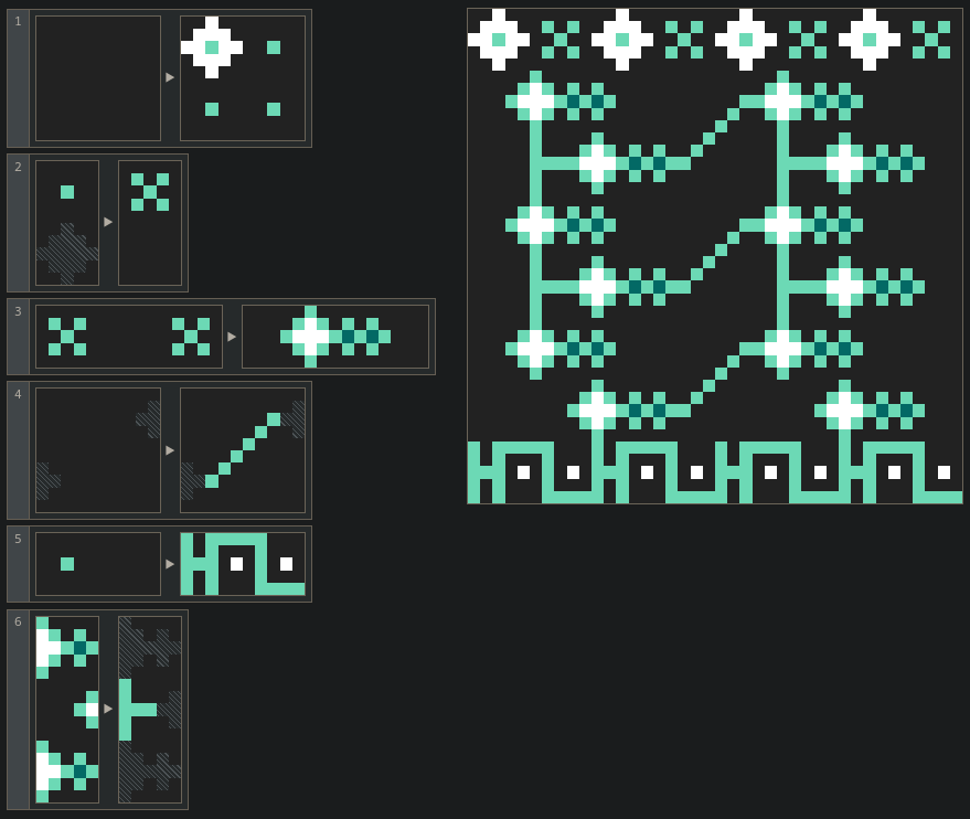 screenshot of a 2D rewriting editor with rules on the left and a flowery circuit-like pattern generated in green pixels on the right