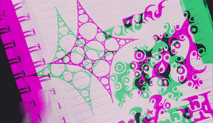 a dithered and channel split photo of a sketchbook doodle containing a circle packed star shape next to softened cybersigils