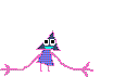 a pink stick figure character with a triangular head , large eyes , and extremely long arms stands with a welcoming posture and says "hi ther"