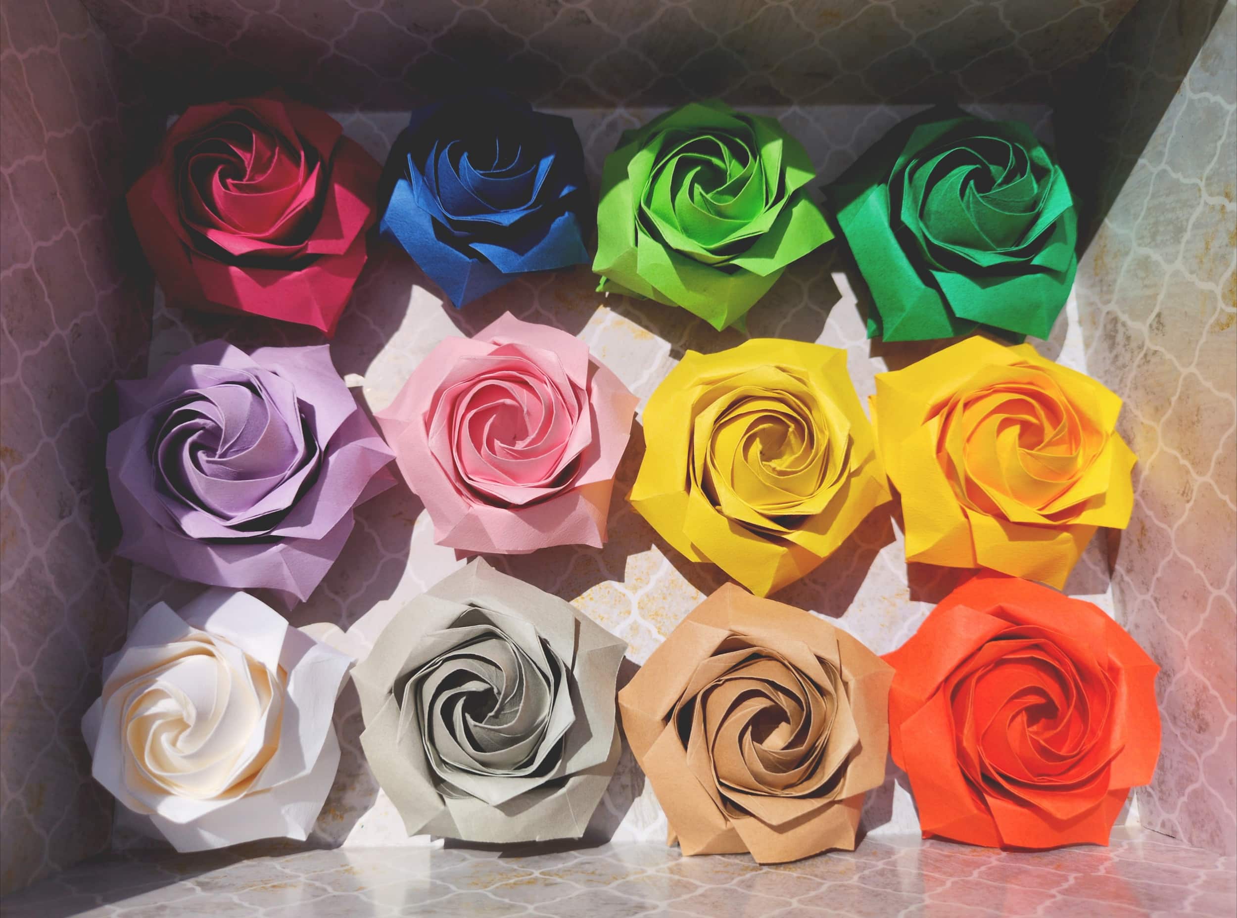 a box containing twelve origami roses arranged in three rows , each a different color . sunlight shines brightly on the swirling paper petals