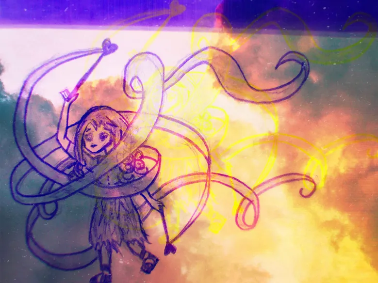 a rough sketch of someone with long curly hair twirling very long ribbons in front of brightly lit clouds