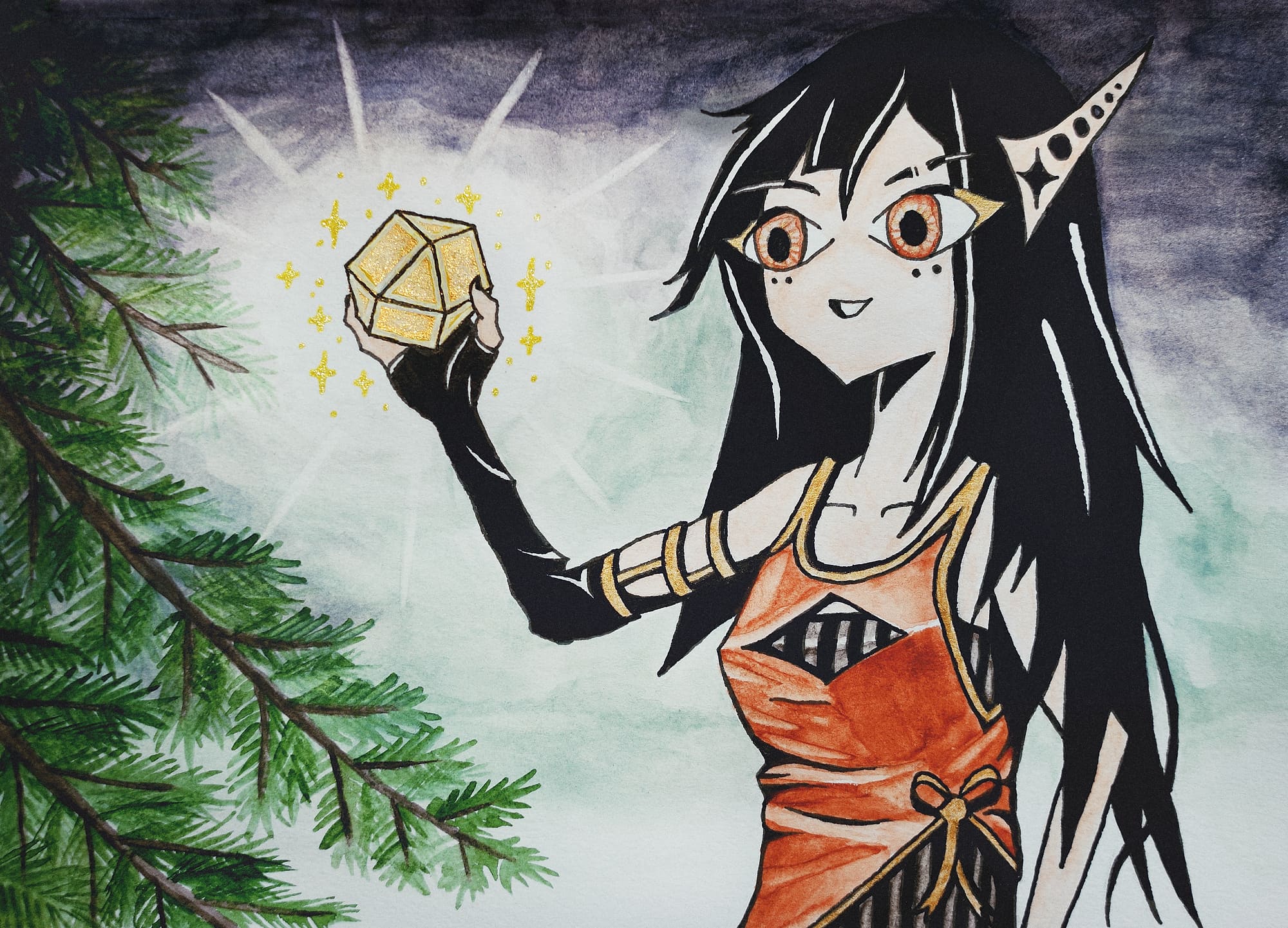 an ink and watercolor portrait of viv from hell grade mindshard disinfectant holding up a sparkly gold shardodex , which illuminates the foggy forest around her . she has a friendly punk vibe , and her outfit is red with gold trim and a striped gray undershirt