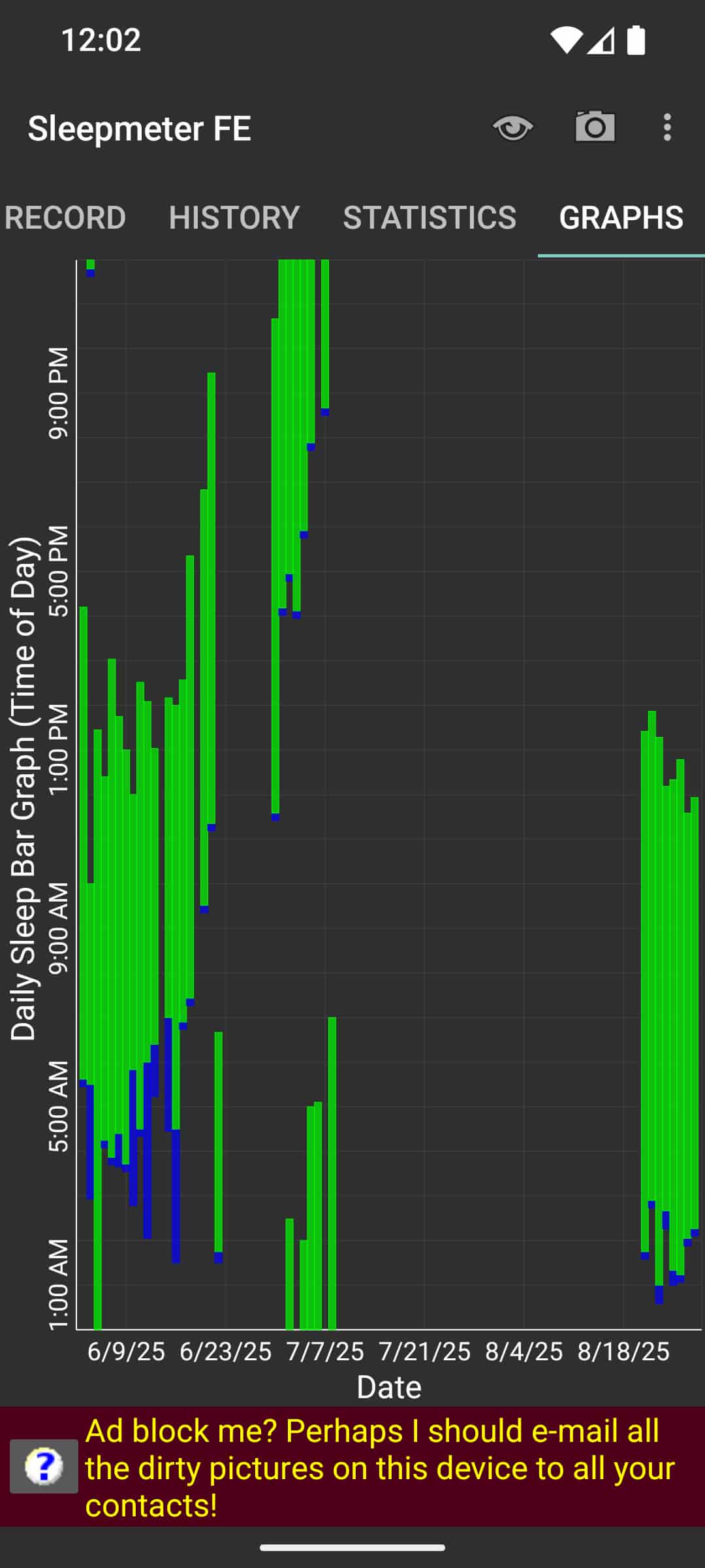 a screenshot of Sleepmeter with a banner on the bottom that says "Ad block me? Perhaps I should e-mail all the dirty pictures on this device to all your contacts!"
