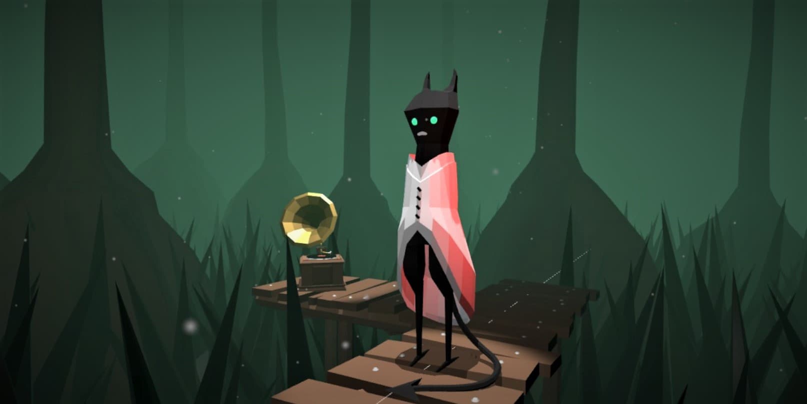 a cloaked, humanoid creature with glowing eyes & a spiky tail stands beside a gramophone on a boardwalk in a misty swamp. trees with wide bases & black spikes are scattered around.