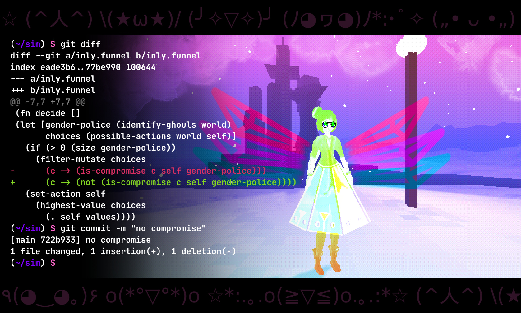 a woman wearing a glass, polygonal skirt & round, glitchy sunglasses spreads her neon-colored wings. she is standing on a snowy hill beside a lamppost, & there is a city with towering skyscrapers across an ocean bay in the background. an overlay over her vision shows a terminal window with cute ASCII art borders. she just updated her source code so that she doesn't compromise with the gender police.